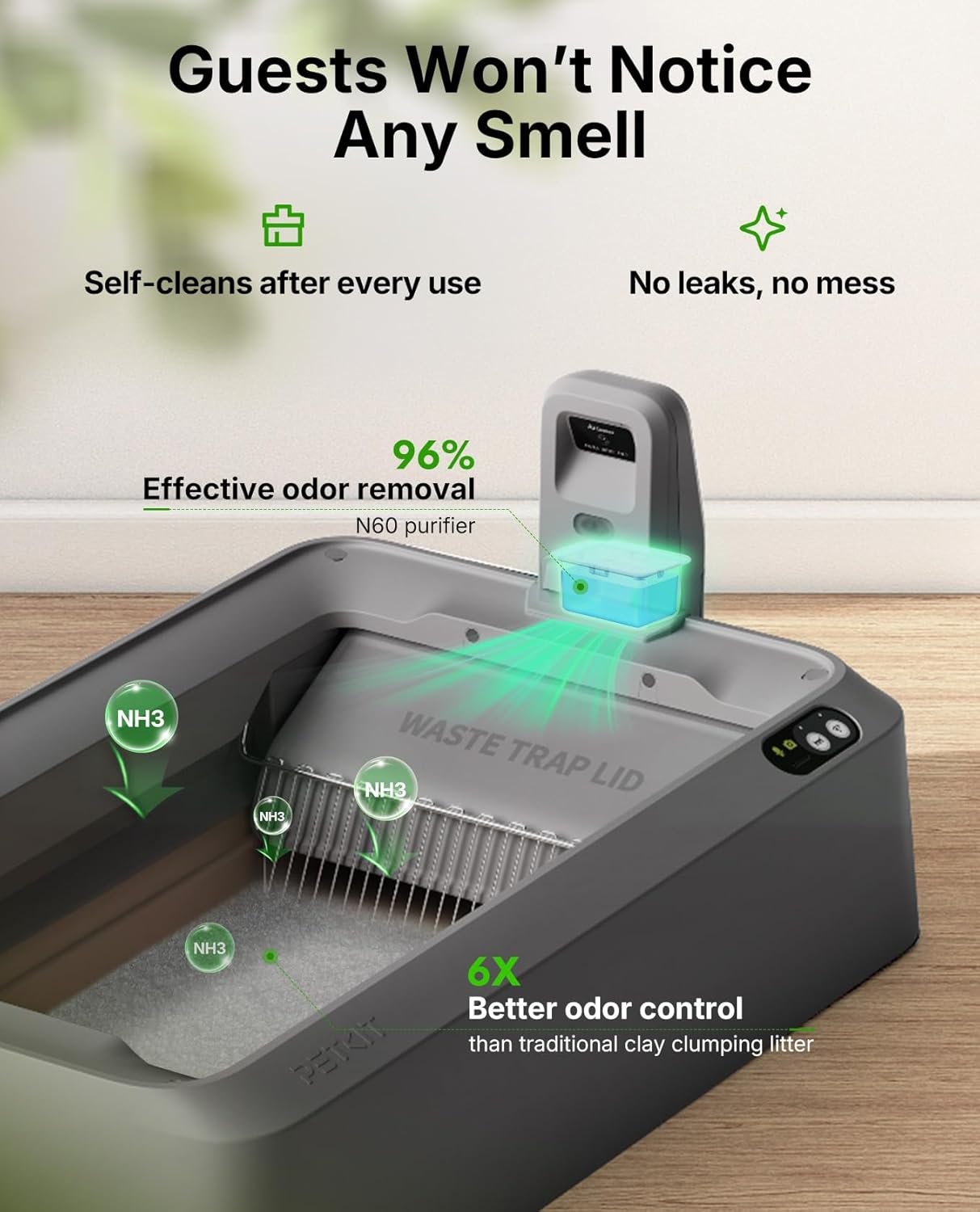 Detalle del arenero automático PETKIT abierto en uso