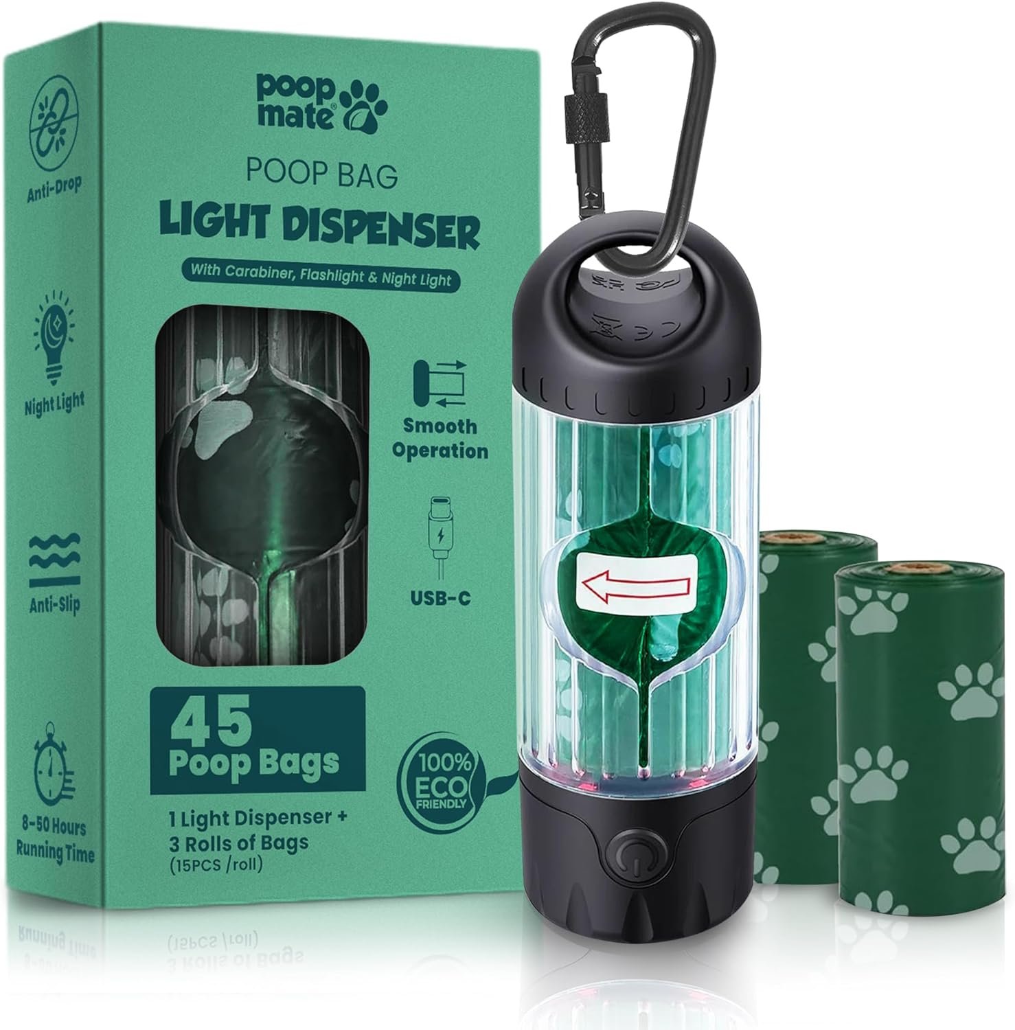 Vista lateral del Poop Mate en paseo nocturno